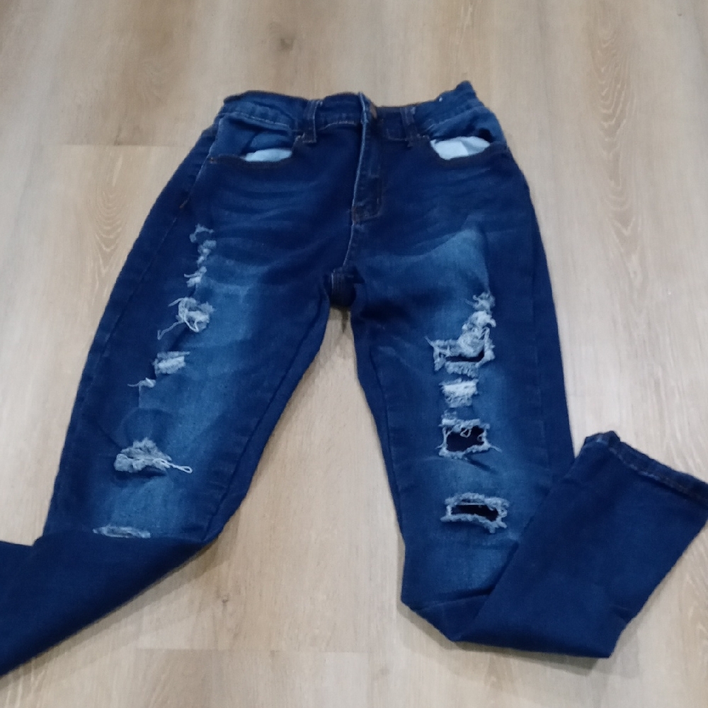 BAMBOO Dark Blue Distressed Skinny Jeans